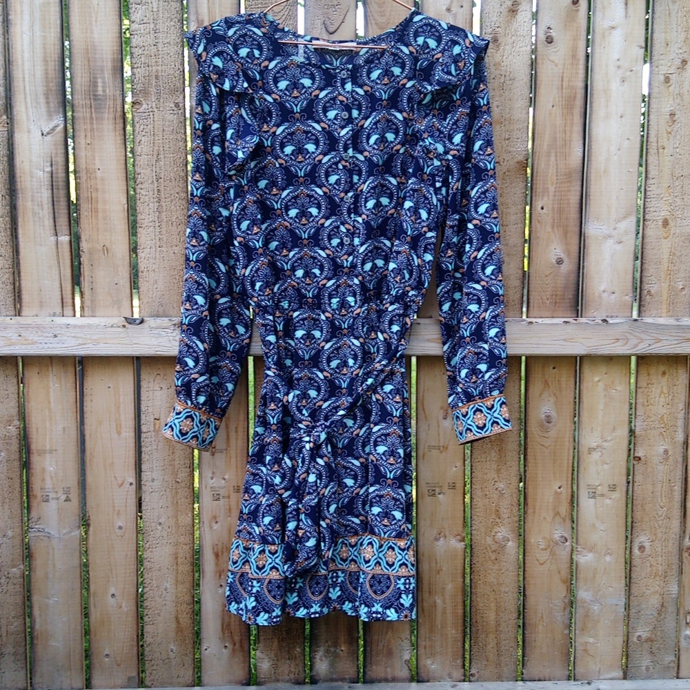 Loft Boho Flowy Ruffle Half Button Women's Multi Color Dress Tie String Waist
